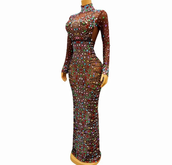 Women Sexy Mesh Colorful Crystal Full Sleeve Maxi Dress