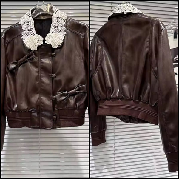 Women Brown Lace Patchwork Bow Faux Leather Jacket