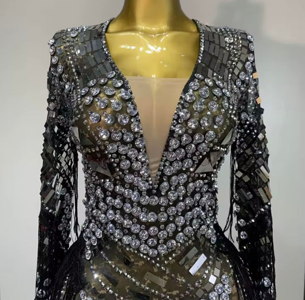 Women Sexy Beaded Rhinestone Mesh Full Sleeve Dress