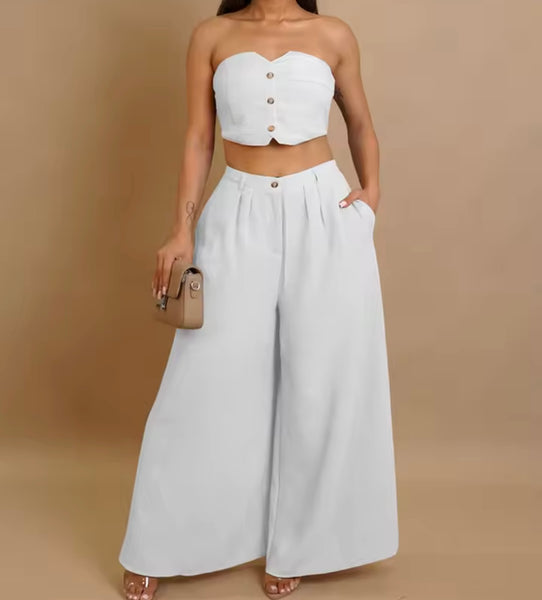 Women Sexy Button Up Strapless Two Piece Wide Leg Pant Set