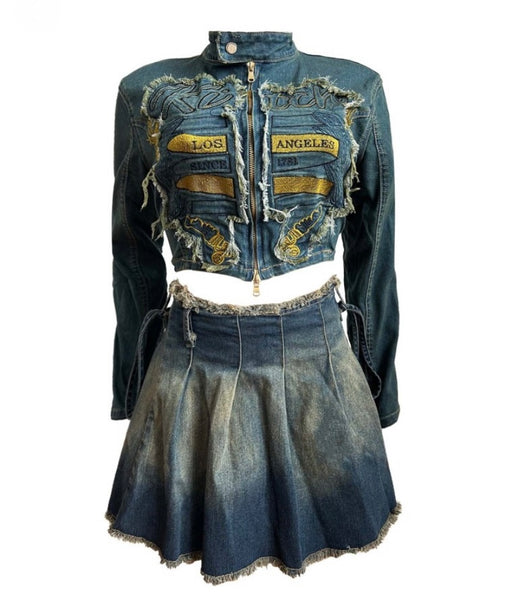 Women Fashion Fringe Printed Two Piece Pleated Denim Skirt Set