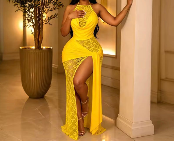 Women Sexy Halter Sleeveless Lace Side Split Maxi Dress