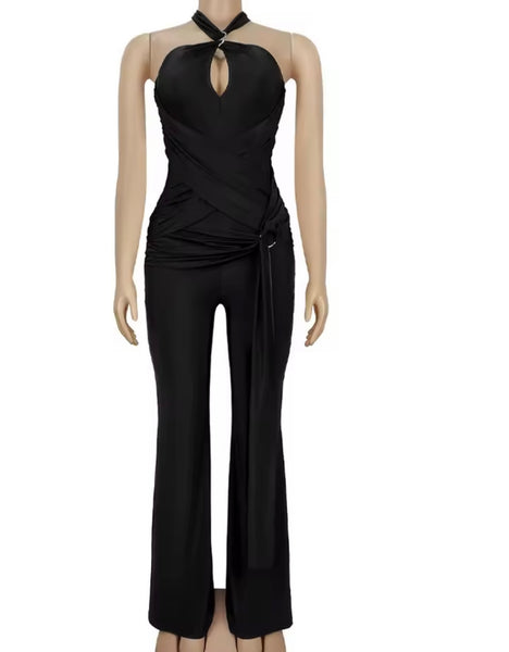 Women Fashion Halter Sleeveless Ribbon Tassel Jumpsuit