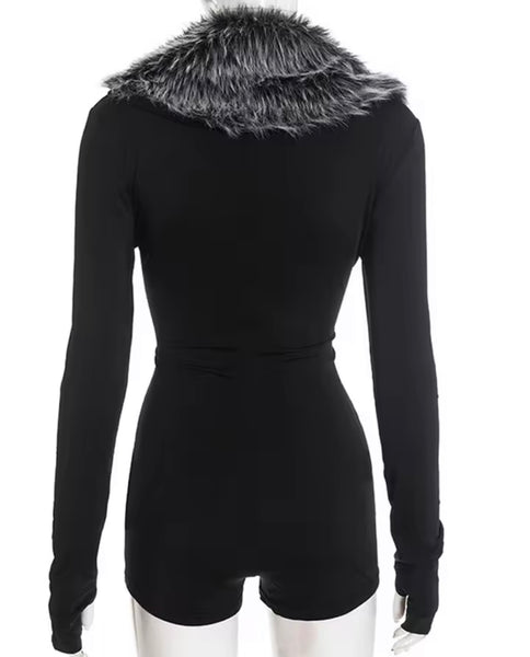 Women Fur Patchwork Black Full Sleeve V-Neck Romper