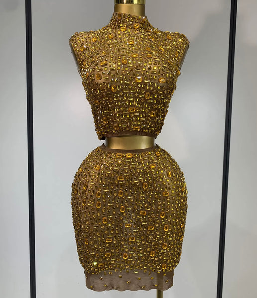 Women Sexy Sleeveless Crystal Mesh Two Piece Skirt Set