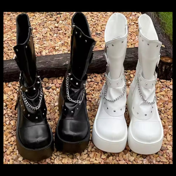 Women Heart Rivet Chain Zip Up Platform Ankle Boots