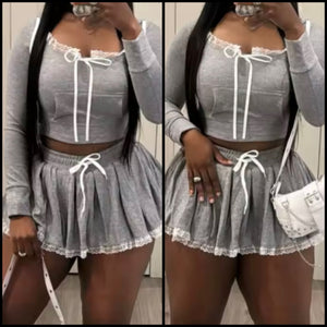 Women Sexy Gray Hooded Lace Patchwork Two Piece Pleated Skirt Set