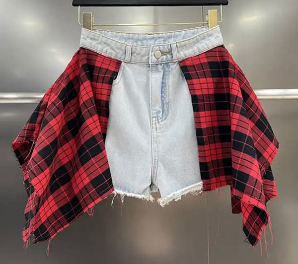 Women Fashion Plaid Patchwork Denim Shorts