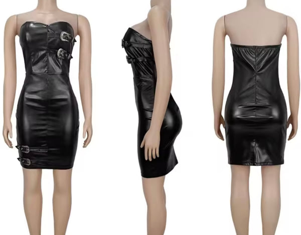 Women Strapless Buckled Faux Leather Fashion Dress