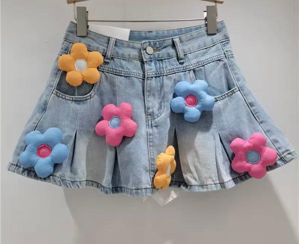 Women Fashion 3D Floral Patchwork Denim Pleated Skirt