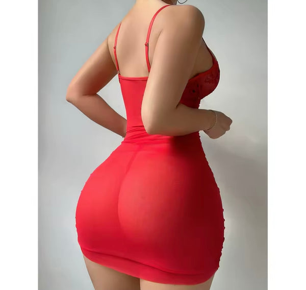 Women Red Sleeveless Sexy Floral Mesh Nightgown Lingerie
