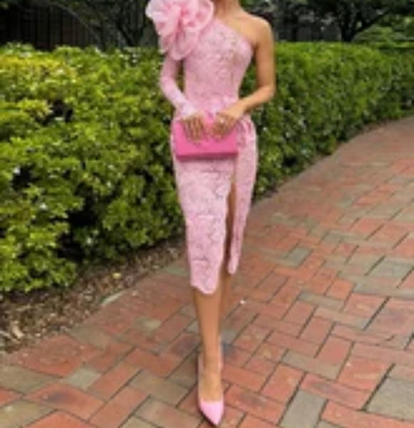 Women Sexy Pink Floral One Shoulder Lace Side Split Dress