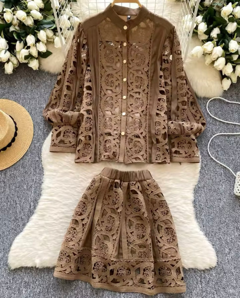 Women Lace Button Up Full Sleeve Two Piece Skirt Set
