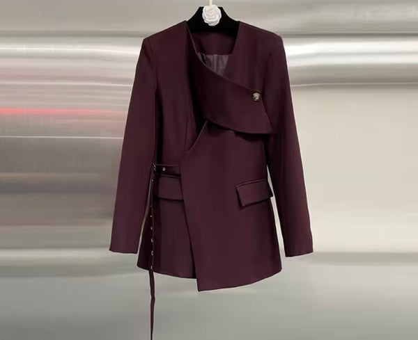 Women Burgundy Wrap Buckled Fashion Blazer Top