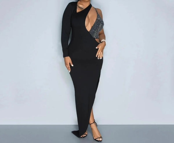 Women Sexy Bling Patchwork One Shoulder Black Maxi Dress