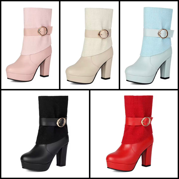 Women Color Round Toe Buckled Fashion High Heel Ankle Boots