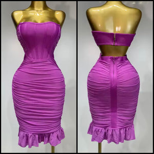 Women Sexy Strapless Open Back Ruched Ruffled Dress