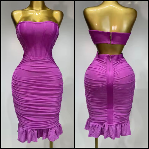 Women Sexy Strapless Open Back Ruched Ruffled Dress