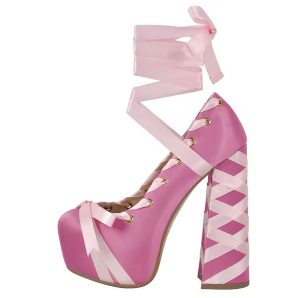 Women Color Lace Up Platform Fashion High Heels