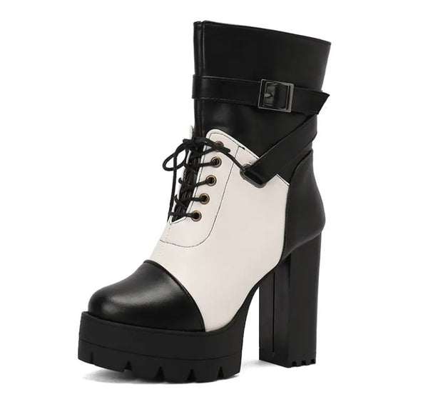 Women Fashion Color Patchwork Lace Up Platform Ankle Boots