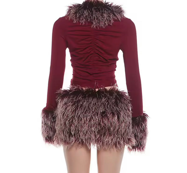 Women Sexy Faux Fur Full Sleeve Two Piece Short Skirt Set