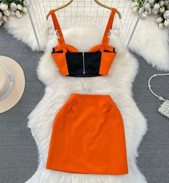 Women Sexy PU Sleeveless Zipper Two Piece Skirt Set