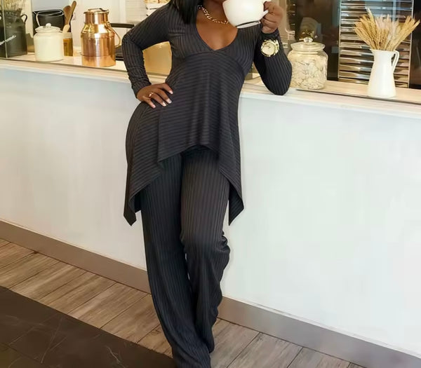 Women Ribbed Asymmetrical Full Sleeve Two Piece Fashion Pant Set
