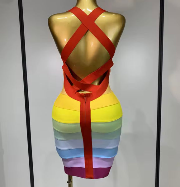 Women Sleeveless Open Back Striped Rainbow Bandage Dress