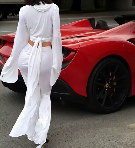 Women White Hooded Tie Up Full Sleeve Two Piece Pant Set