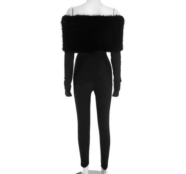 Women Fur Off The Shoulder Full Sleeve Fashion Jumpsuit