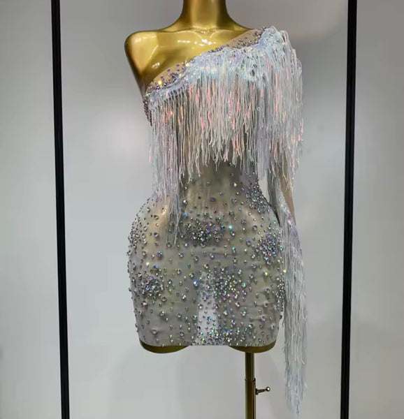 Women Sexy One Shoulder Silver Fringe Tassel Rhinestone Dress