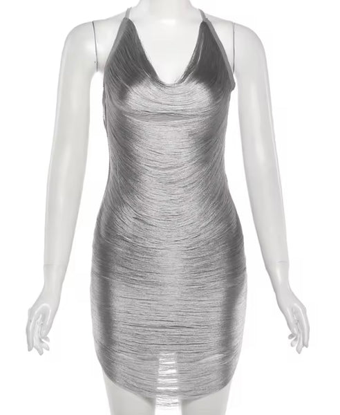 Women Sexy Silver Sleeveless Backless Fringe Dress