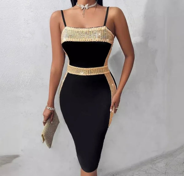 Women Sexy Sleeveless Black Gold Sequins Patchwork Dress