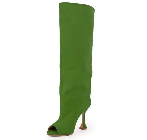 Women Suede Open Toe Fashion High Heel Knee Length Boots