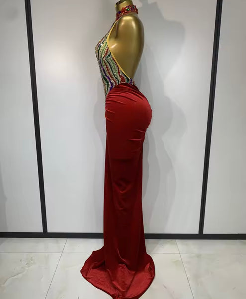 Women Halter Sleeveless Velvet Multicolored Rhinestone Maxi Dress