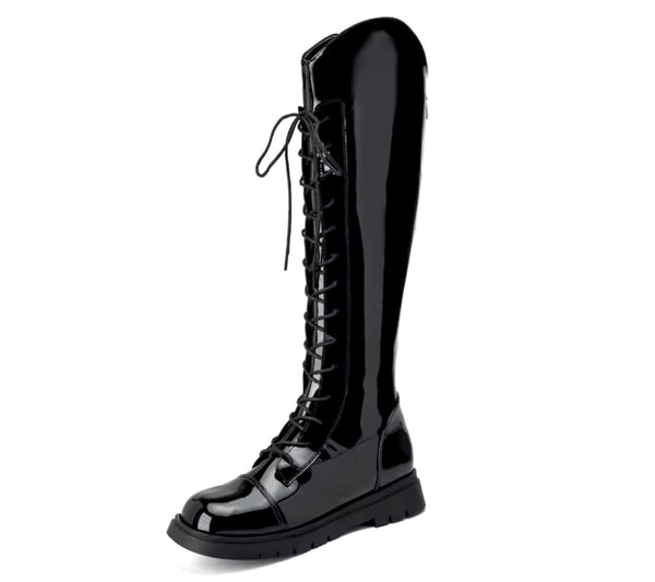 Women Fashion Lace Up Knee High Flat Boots