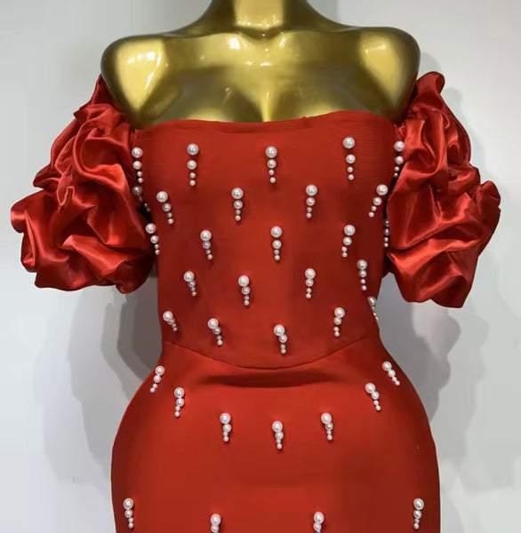Women Sexy Strapless Pearl Patchwork Maxi Dress