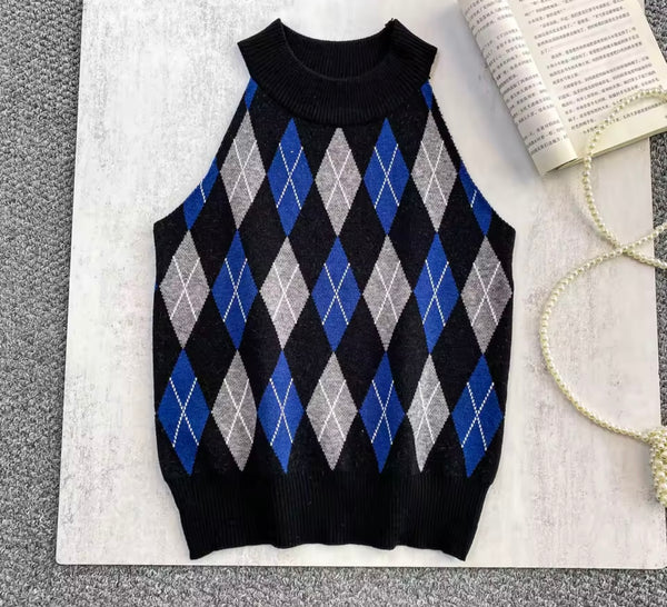 Women Fashion Argyle Print Vest Sweater Top