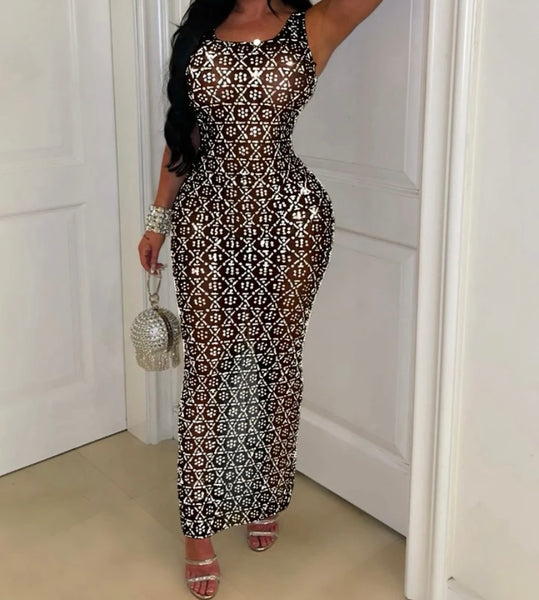 Women Sexy Sleeveless Bling Mesh Maxi Dress