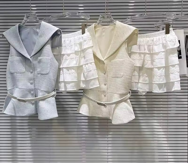 Women Collar Button Up Sleeveless Blazer Two Piece Ruffle Skirt Set