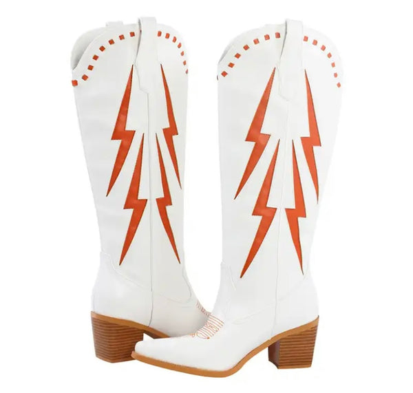 Women Fashion White Color Patchwork Knee High Western Boots