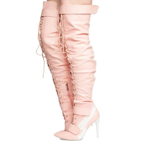 Women Fashion Faux Leather Lace Up Over The Knee Boots