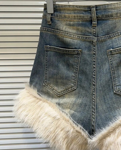 Women Denim Faux Fur Patchwork Fashion Shorts