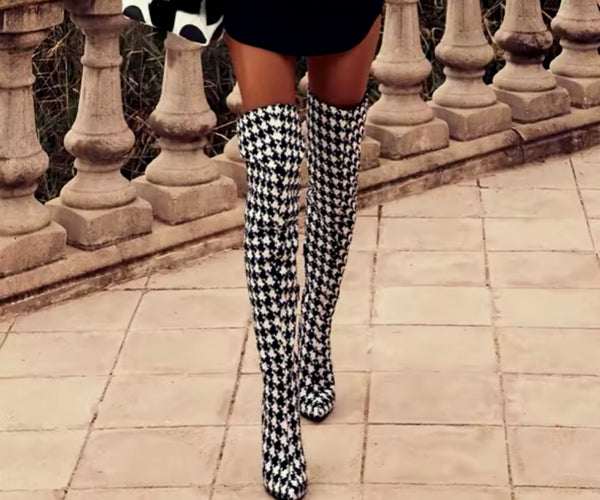 Women Fashion Color Plaid High Heel Knee High Boots