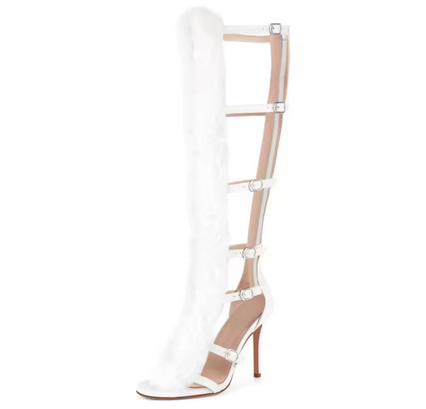 Women Fashion Fur Patchwork Buckled Knee High Sandals