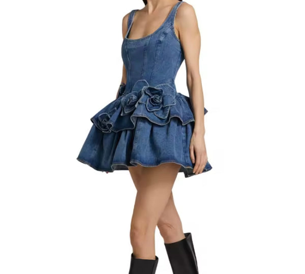 Women Sleeveless Floral Ruffled Fashion Denim Dress