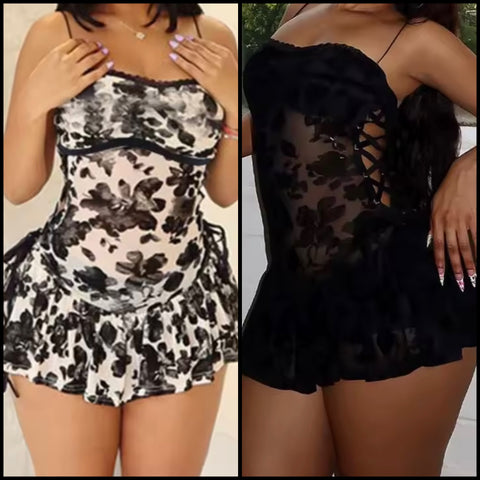 Women Sexy Sleeveless Floral Mesh Ruffled Dress