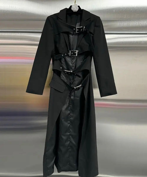 Women Fashion Black Buckled Trench Jacket