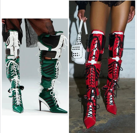 Women Fashion Color Patchwork Lace Up Over The Knee Boots