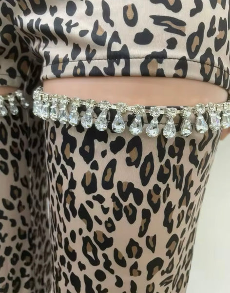 Women Fashion Leopard Cut Out Rhinestone Pants